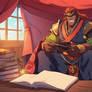 Ganondorf sitting in his tent at his desk with boo