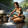 Lara croft camping by riverside, bra and panties, 