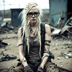 Braided platinum blonde hair, tattered clothing, g
