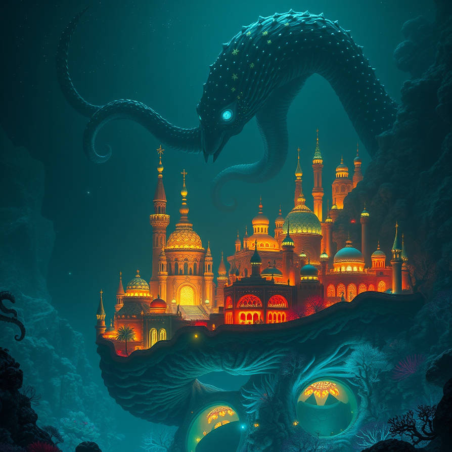 A luminous coral metropolis spirals from the seabe