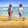 Boys on beach kicking a ball, watercolour