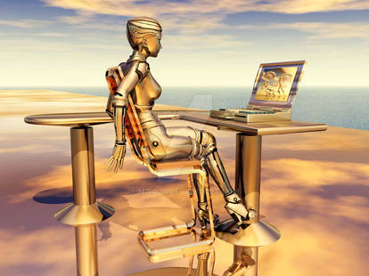 Female robot with laptop