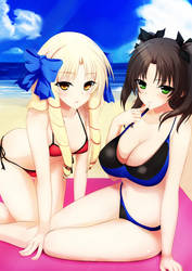 Luvia/Rin torso swap at beach by animeheadswap110