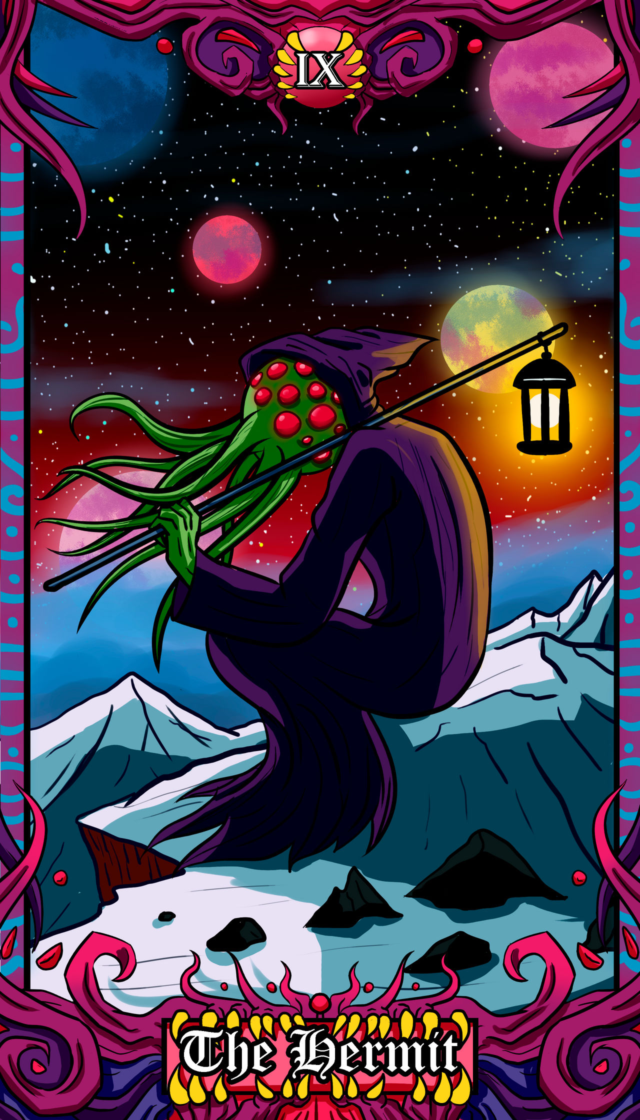 The Hermit Tarot Card illustration showing an elderly figure in a hooded cloak holding a lantern and staff against a dark, mountainous background