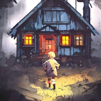 Creepy Cabin With Boy Walking Towards It