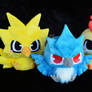 Baby Articuno, Zapdos, and Moltres plushies
