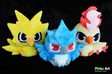 Baby Articuno, Zapdos, and Moltres plushies by PinkuArt