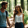 Young couple walking through woods