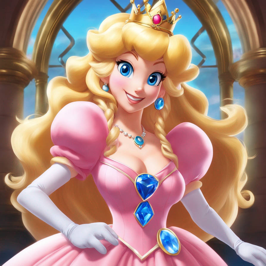 Princess Peach with long blonde hair in a pink pri