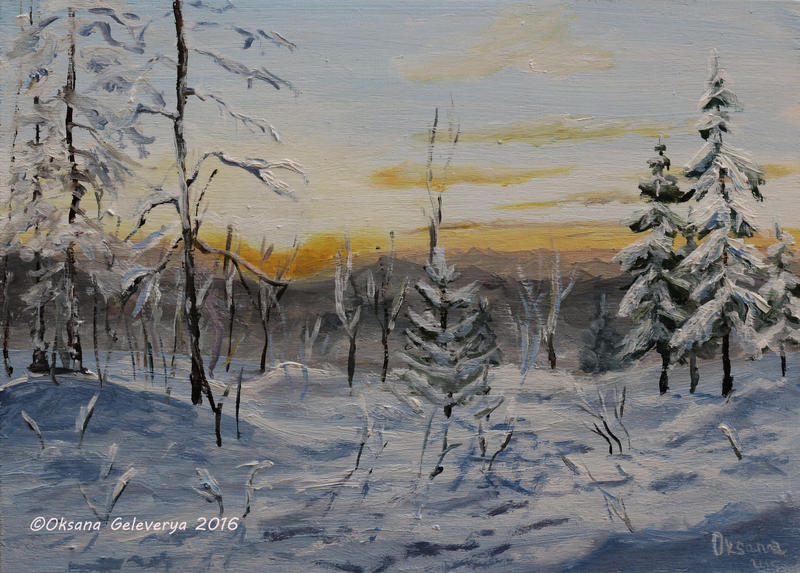 Sunset In The Winter Forest- oil