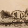 Squirrel near the water - sumi-e, ink painting
