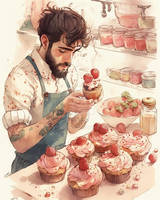 Handsome Spanish Man Preparing Strawberry Cupcakes