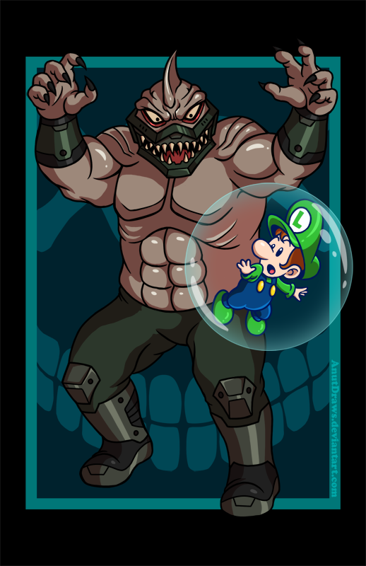 King Shark vs. Baby Luigi by AnutDraws