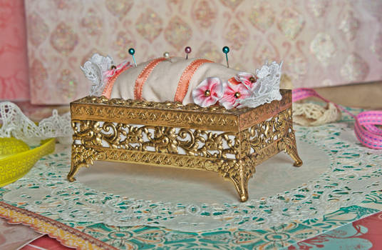 Vintage Repurposed Brass and Ribbon Pincushion