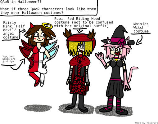 Three QAoR characters wear Halloween costumes