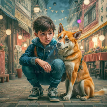 boy and here dog  friendly relationship