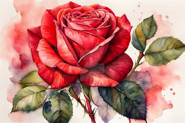 Botanical watercolor rendition , vibrant red rose 