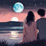 Couple Girl Boy under The Moon Art 