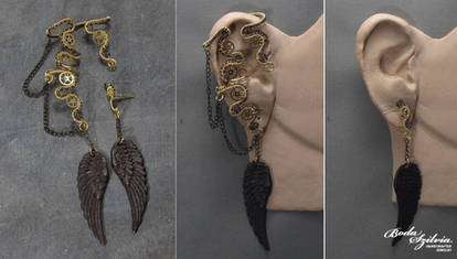 Winged steampunk ear wrap with post earring