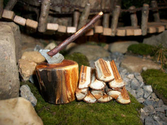 Miniature Ax, Stump, And Split Wood