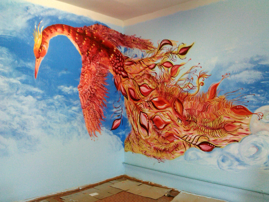 Firebird on the wall of a kindergarten. Acrylic