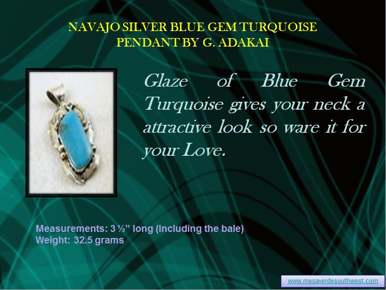 Navajo Silver Blue Gem Turquoise Pendant By G. Ada