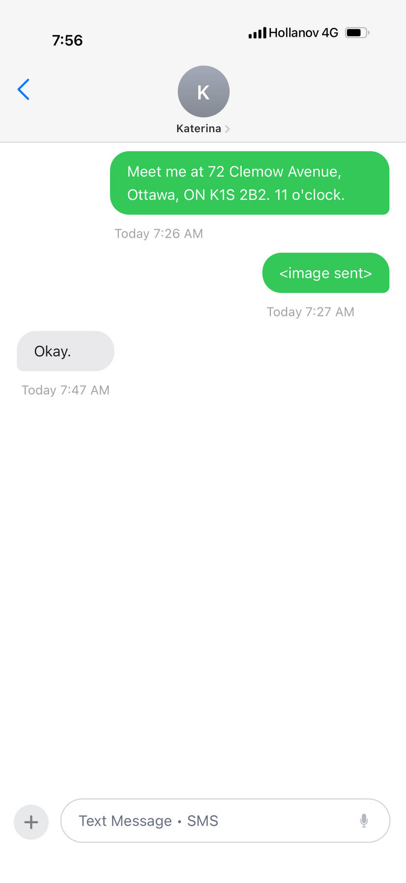 Ilya Sent: address of place, the time 11 oclock in the morning and the pic of the album. Katerina Reply: Okay.