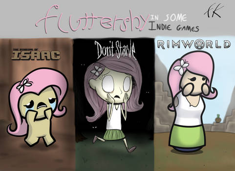 Fluttershy in three indie game styles