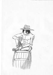 Ace sitting on a barrel