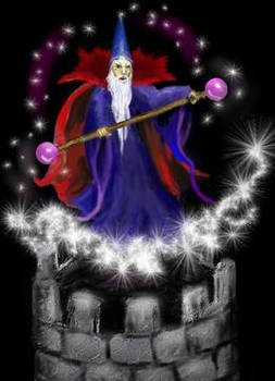 Wizard Agadadon Casting Spell on Tower Blue Red