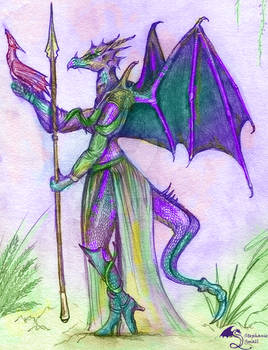 Ysadra the Dragon Woman with Pseudodragon Spear