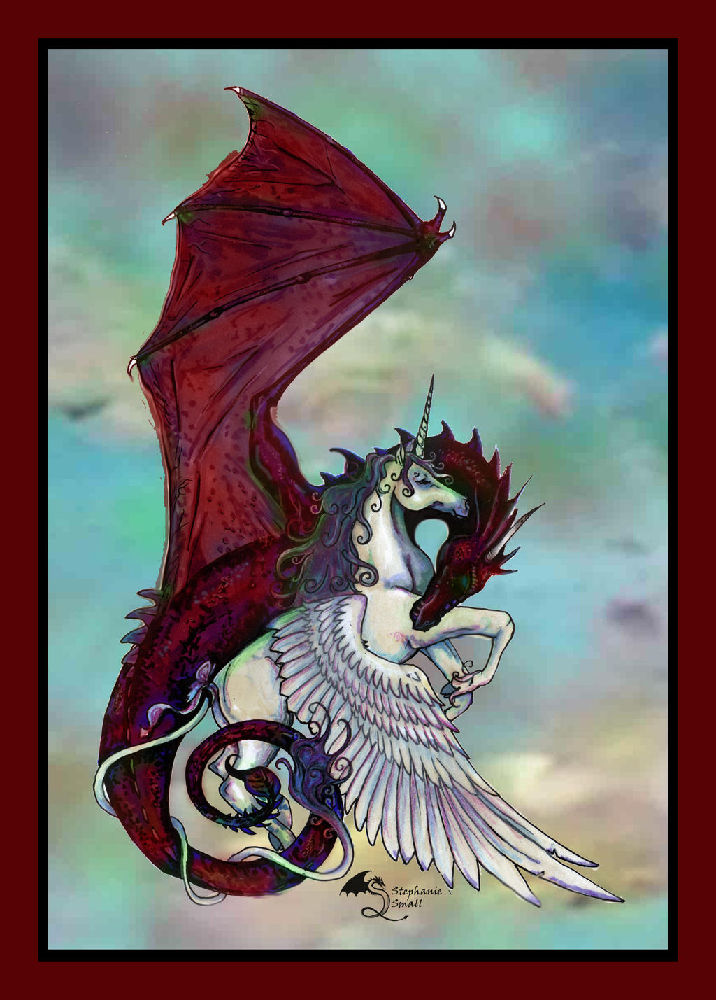 Red Dragon Flying Unicorn Winged Horse Pegasus Sky