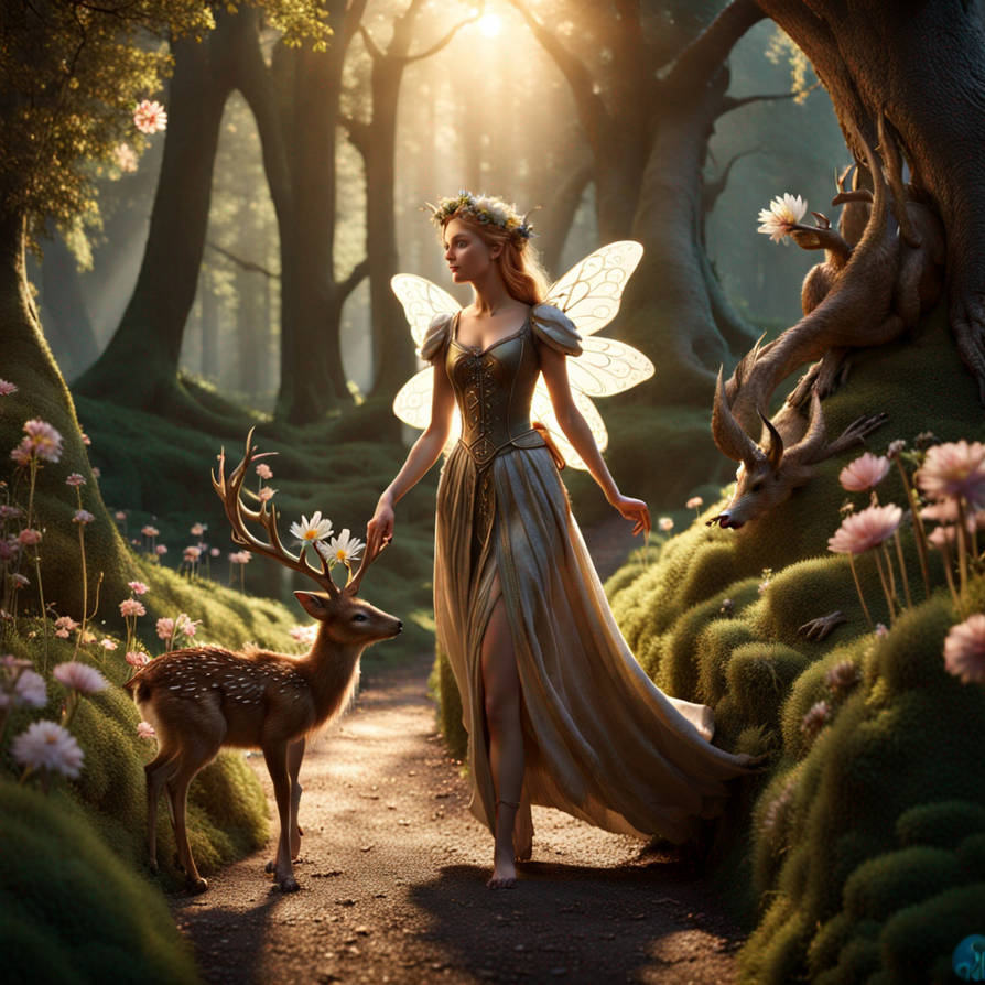 A fairy walks in a forest on a path, she picks som