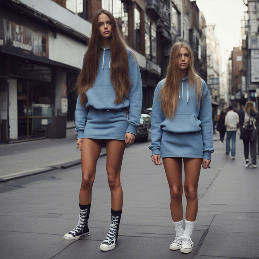 Girls in tiny denim micro mini skirts, super long