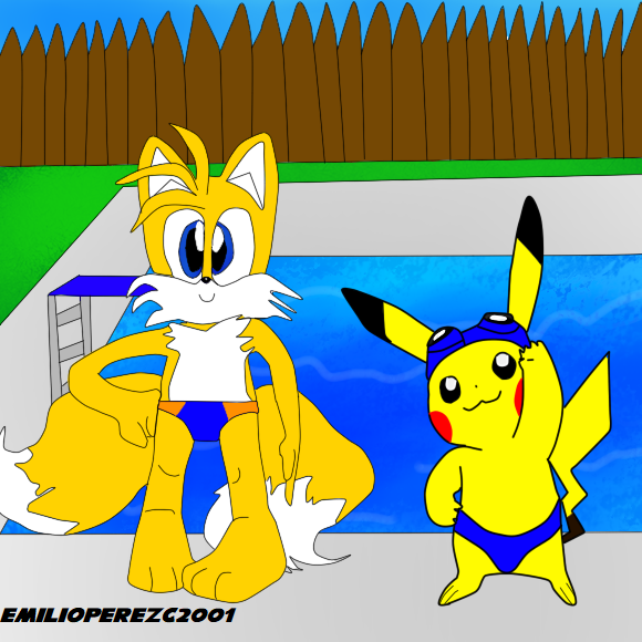 Tails and Pikachu on the swimming pool