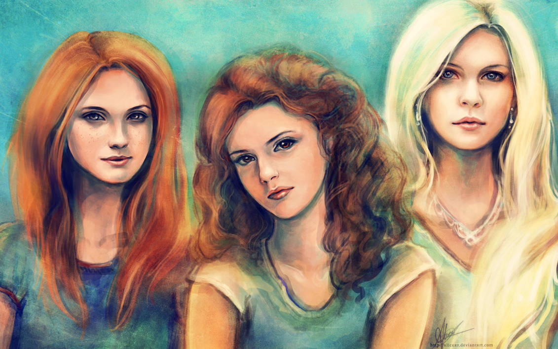 Три очаровательные. Джинни Уизли портрет. Джинни Уизли арт. Портрет двух девушек. Три подруги.
