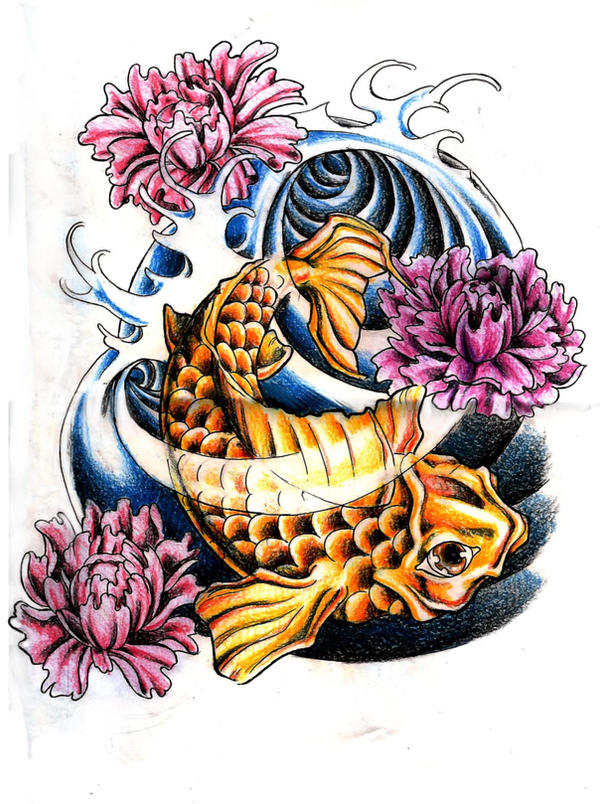 Koi Fish and Peony Flowers