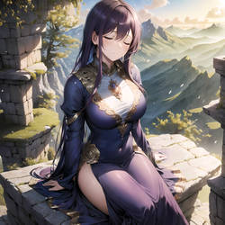 Priestess relaxing in mountains