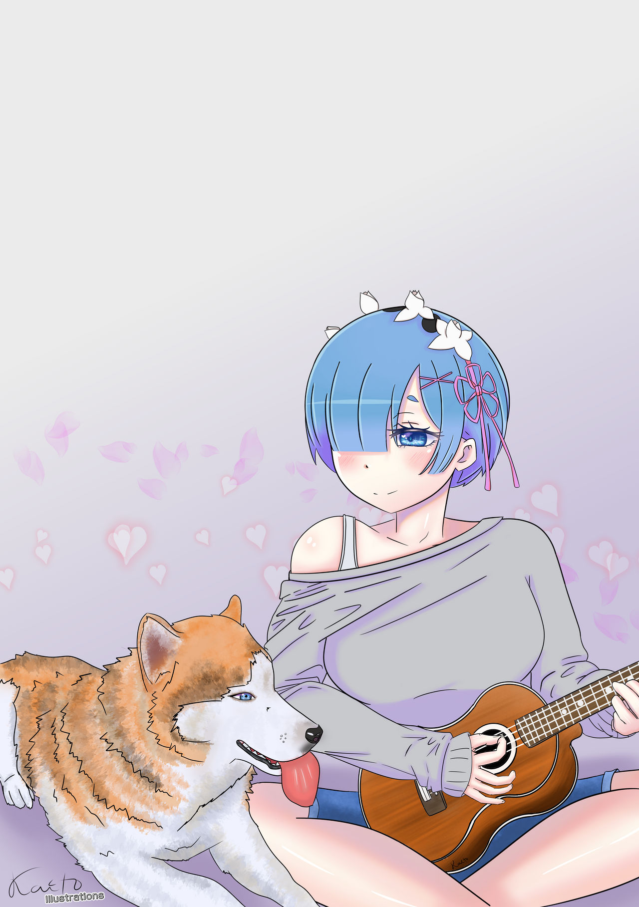 with ukulele and a husky KaitoIllustrations on