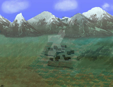 Plains with Mountains overlooking small village