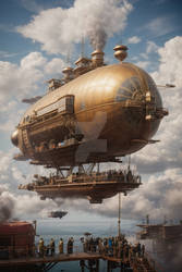 Default A massive steampunk airship soaring throug