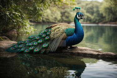 Graceful peacock resting by a lake