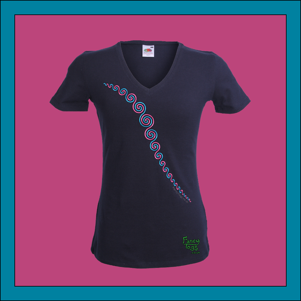 Spiral Wave Embroidery on ladyfit Navy V-neck