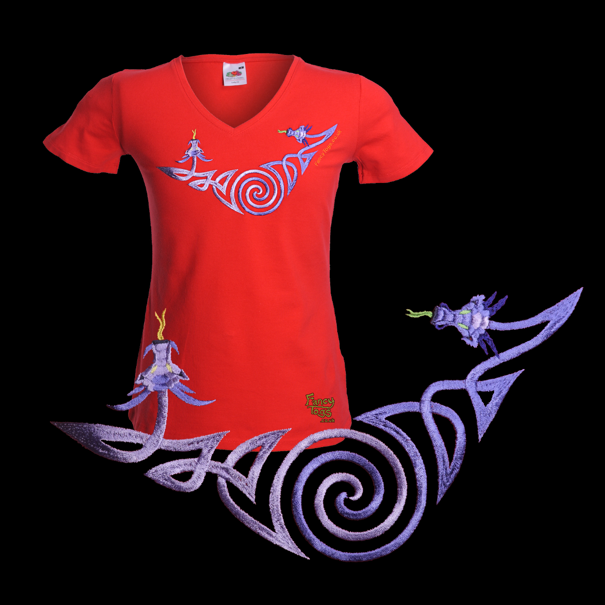 Spiral Dragons Embroidery on red  V-neck T-shirt