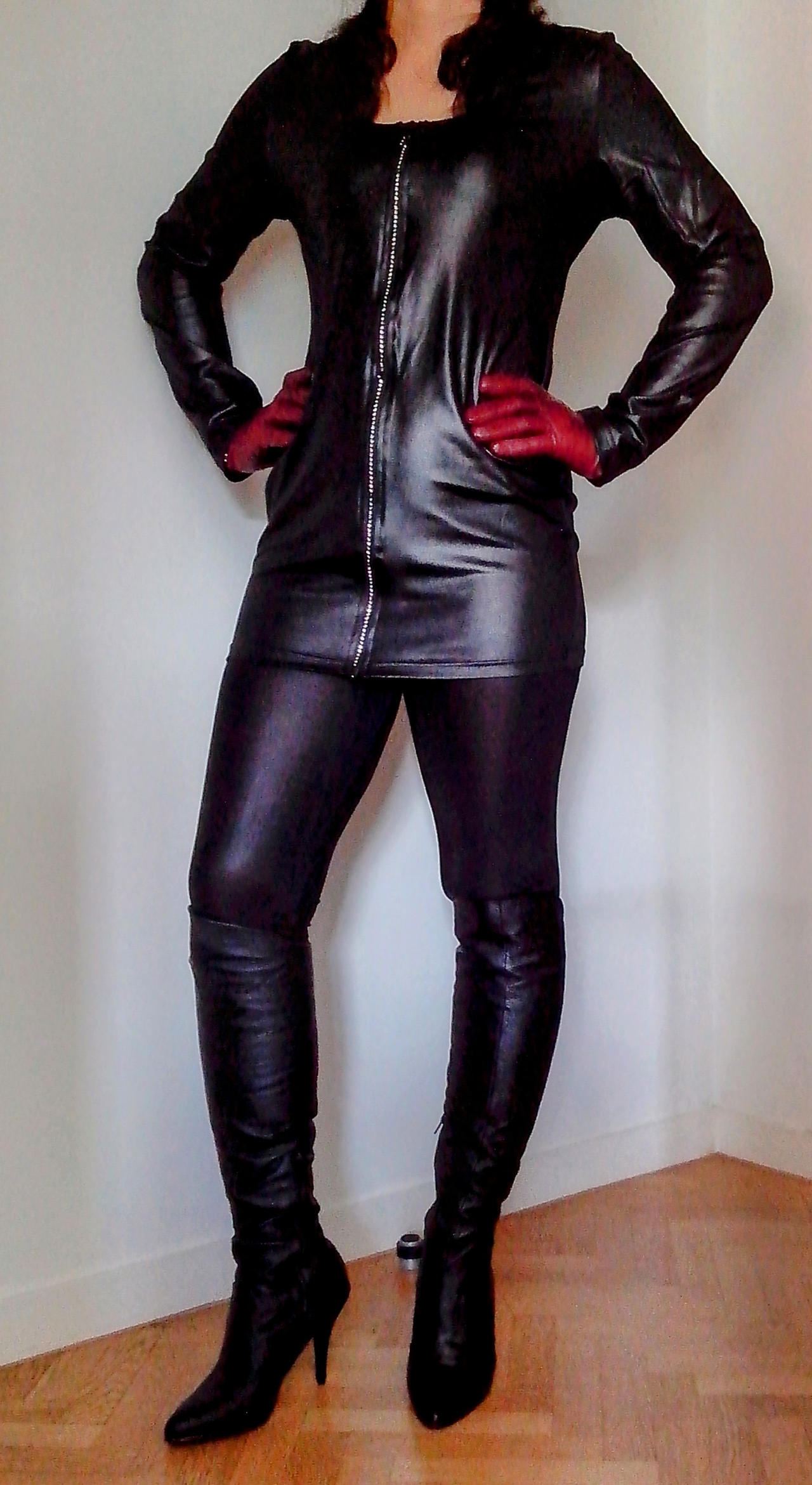 High pleather boots and red wine gloves