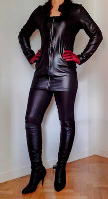 High pleather boots and red wine gloves