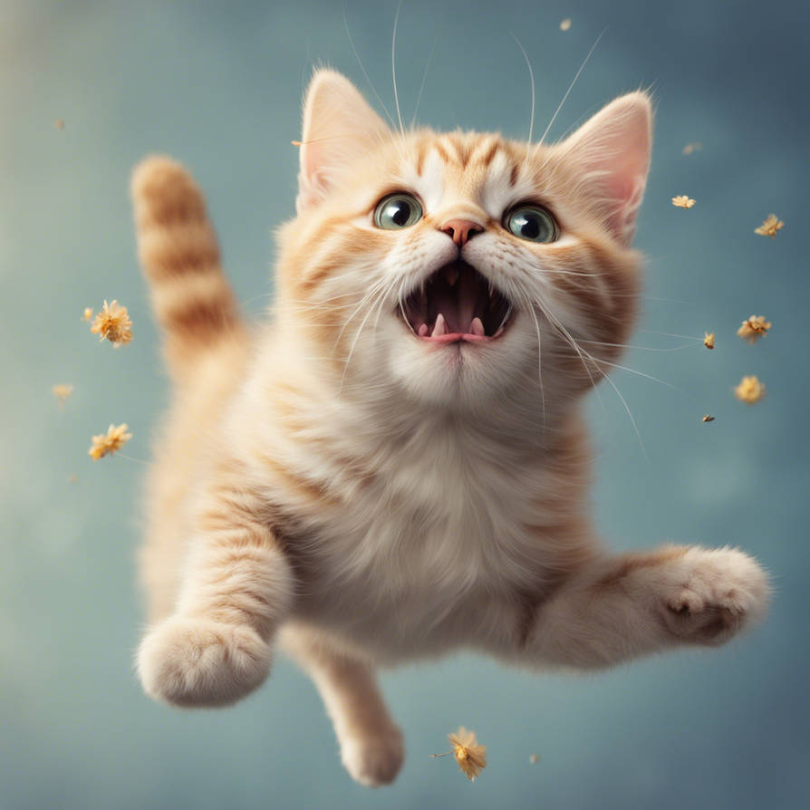 Cute Cat With Superpiwer Flys Trough The Air
