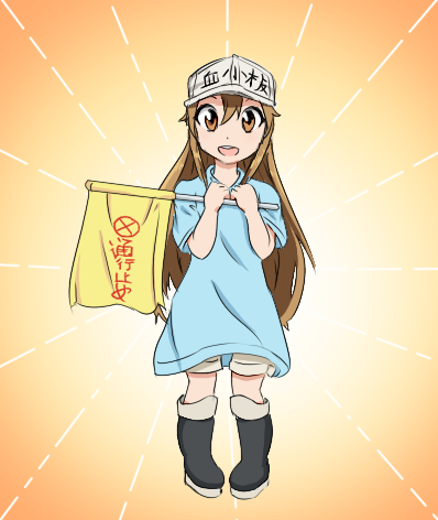 Póster de Hataraku Saibou Chan con plaquetas de anime y dibujos