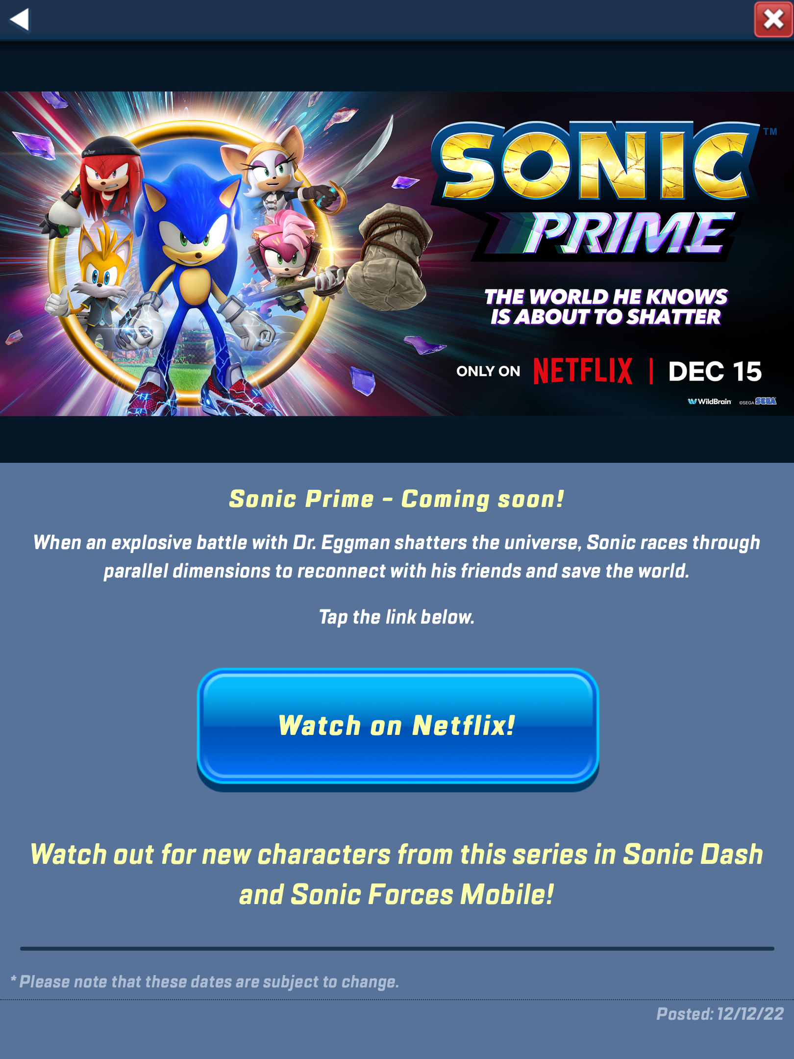 Sonic Prime Dash disponível no Netflix