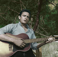 Johnny Cash singing in the woodland colorized